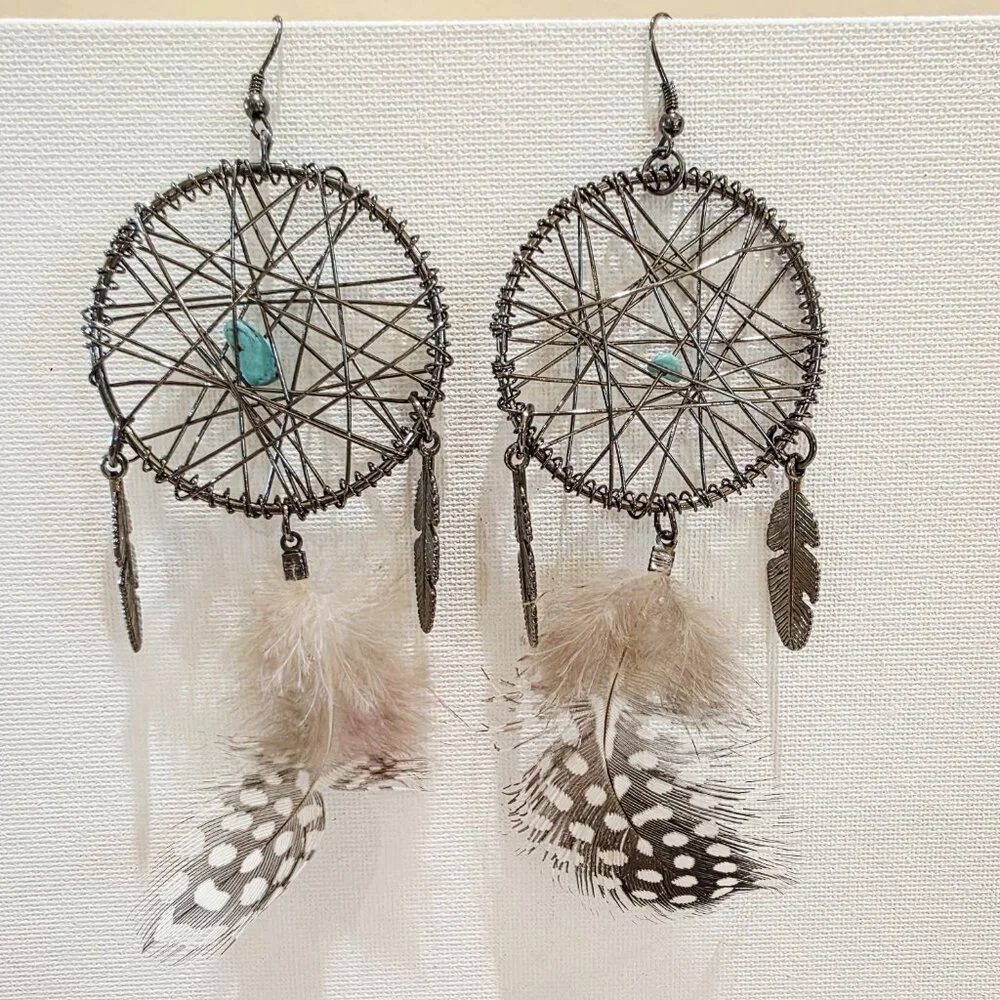 Dreamcatcher Metal Woven Feather Accent Large Long SW Dangle Pierced Earrings